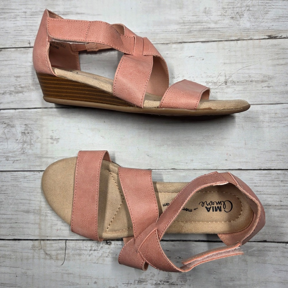 MIA Amore Blanche Wedge Sandals Strappy Pink Women 10 Dusty Rose Memory Foam
